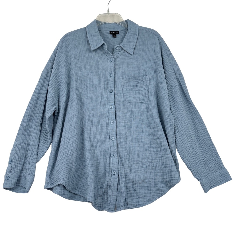 Torrid Button Down Shirt Size M Blue Double Gauze Long Sleeve Cotton Pocket Boho